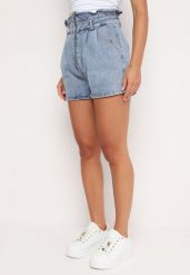 Niebieskie Bawełniane Jeansowe Szorty z Wysokim Stanem i Ozdobnymi Przeszyciami Lerceria. Niebieskie szorty Born2be, bez wzorów, z bawełny, eleganckie, z podwyższonym stanem. Za 34.99 zł.