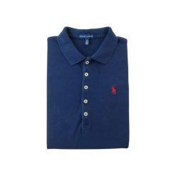 Polo Ralph Lauren damskie z krótkim rękawem z siateczki. Niebieskie koszulki polo RALPH LAUREN, l, bez wzorów, z materiału, bez kołnierzyka, bez ramiączek. Za 122.16 zł.