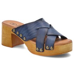 Klapki damskie HEE, ze skóry naturalnej licowej na klocku wygodne, niebieskie, 25355. Niebieskie klapki Hee, bez wzorów, z materiału, bez obcasa, na obcasie. Za 239.00 zł.