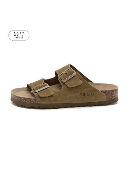 Teegu Skórzane klapki w kolorze khaki rozmiar: 42. Brązowe klapki teegu, bez wzorów, z otwartym noskiem, bez obcasa. Za 169.95 zł.