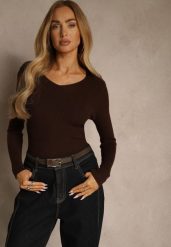 Brązowy Sweter o Klasycznym Fasonie w Drobne Prążki Vorida. Brązowe swetry Renee, s, bez wzorów, z jeansu, bez ramiączek. Za 49.99 zł.