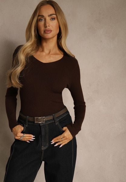 Brązowy Sweter o Klasycznym Fasonie w Drobne Prążki Vorida. Brązowe swetry Renee, s, bez wzorów, z jeansu, bez ramiączek. Za 59.99 zł.