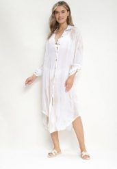 Jasnobeżowa Sukienka Oversize o Koszulowym Fasonie Rarosa. Brązowe sukienki Born2be, bez wzorów, eleganckie, bez kołnierzyka, bez ramiączek, midi, koszulowe. Za 99.99 zł.