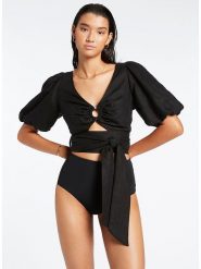 Jets Lniana bluzka w kolorze czarnym rozmiar: M. Czarne bluzki Jets, m, bez wzorów, ze lnu, bez kołnierzyka, bez ramiączek. Za 175.26 zł.