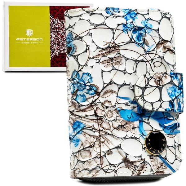 Pojemny, białoniebieski portfel damski ze skóry naturalnej z systemem RFID PTN PH31-LFL Peterson. Białe portfele Peterson, bez wzorów, ze skóry. Za 89.99 zł.