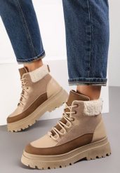 Ciemnobeżowe Traperki Sznurowane Trapery Janne. Brązowe trapery i śniegowce Renee. Za 89.99 zł.