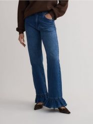 Jeansy wide leg z falbankami - niebieski. Niebieskie jeansy Reserved, bez wzorów. W wyprzedaży za 109.99 zł.