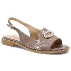 Sandały damskie S.Barski, cholewka ze skóry ekologicznej na płaskiej podeszwie z elegancką broszką, szare, KV61-6040. Szare sandały S.BARSKI, z aplikacjami, ze skóry ekologicznej, eleganckie, bez obcasa, na płaskiej podeszwie, bez zapięcia. Za 129.00 zł.