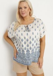 Biało-Niebieska Bluzka w Boho Wzór z Wiązaniem przy Dekolcie Jenalia. Niebieskie bluzki Born2be, xl, bez wzorów, z jeansu, boho, bez kołnierzyka, bez ramiączek. W wyprzedaży za 46.74 zł.
