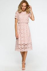 Sukienka na wesele koronkowa rozkloszowana pudrowy róż. Czerwone sukienki MOE, na imprezę, m, bez wzorów, z koronki, eleganckie, bez kołnierzyka, bez ramiączek, rozkloszowane. Za 389.00 zł.