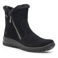 Botki Rieker. Czarne botki Rieker, bez wzorów, bez obcasa, na płaskiej podeszwie, bez zapięcia. Za 389.99 zł.