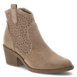 Beżowe Botki S.Barski Stylowe Kowbojki Damskie. Brązowe botki S.BARSKI, w ażurowe wzory, z jeansu, bez obcasa, na obcasie, bez zapięcia. Za 161.99 zł.