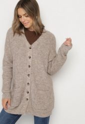 Brązowy Kardigan z Domieszką Wełny ze Wsuwanymi Kieszeniami Esaiana. Brązowe kardigany Born2be, plus size, bez wzorów, z dzianiny. Za 129.99 zł.