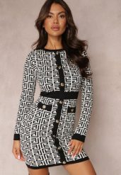 Biała Sukienka Mini ze Sweterkowego Materiału o Geometrycznym Motywie z Dodatkowymi Guzikami Isaela. Białe sukienki Renee, m, bez wzorów, eleganckie, bez kołnierzyka, bez ramiączek, mini. Za 69.99 zł.