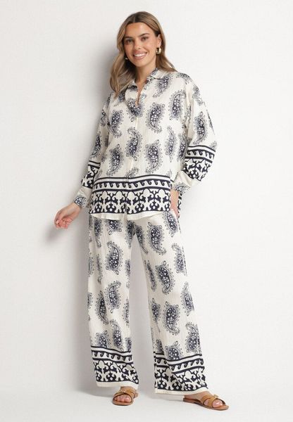 Biało-Granatowy Wiskozowy Komplet we Wzór Paisley Koszula i Spodnie Vallevi. Niebieskie koszule Born2be, l, bez wzorów, z materiału, klasyczne, bez kołnierzyka, bez ramiączek. Za 99.99 zł.