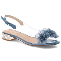 Sandały damskie S.Barski, z transparentnym paskiem ozdobne kwiaty pasek z regulacją niski obcas elegancki styl, niebieskie, MR61-9006. Niebieskie sandały S.BARSKI, z aplikacjami, eleganckie, bez obcasa, na obcasie, bez zapięcia. Za 199.00 zł.