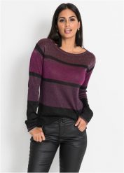 Sweter w paski, z lureksową nitką. Fioletowe swetry bonprix, bez wzorów, bez ramiączek. Za 99.99 zł.