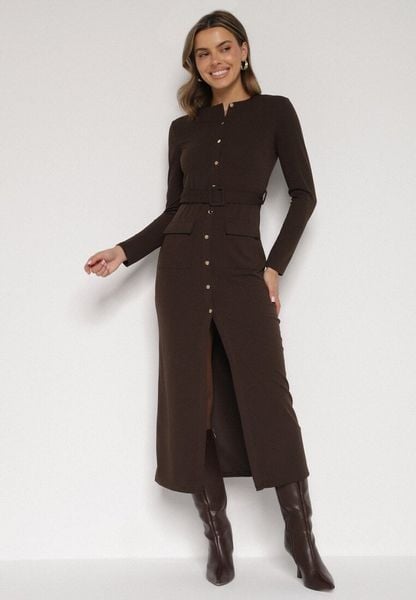 Brązowa Sukienka Koszulowa z Wiskozą Guzikami i Paskiem Vetienne. Brązowe sukienki Born2be, na co dzień, l, bez wzorów, z wiskozy, bez kołnierzyka, bez ramiączek, maxi, koszulowe. Za 169.99 zł.
