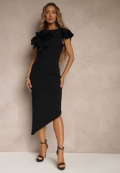 Czarna Koktajlowa Asymetryczna Sukienka Vices z Kwiatem 3D i Falbankami Tolelira. Czarne sukienki Renee, na imprezę, na lato, l, bez wzorów, eleganckie, z asymetrycznym kołnierzem, bez ramiączek, asymetryczne. Za 104.99 zł.