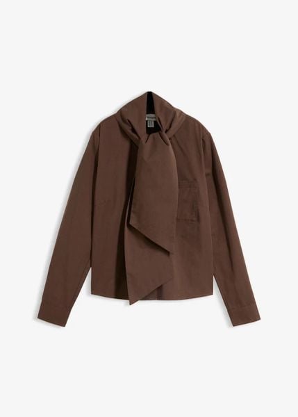 Bluzka z krawatką. Brązowe bluzki bonprix, bez wzorów, bez kołnierzyka, bez ramiączek. Za 149.99 zł.
