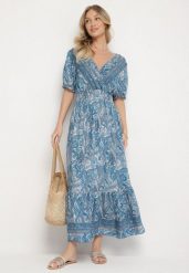 Niebieska Bawełniana Sukienka o Rozkloszowanym Kroju we Wzór Paisley Folurelle. Niebieskie sukienki Born2be, na spotkanie biznesowe, l, bez wzorów, z bawełny, eleganckie, bez kołnierzyka, bez ramiączek, maxi, rozkloszowane. Za 54.99 zł.