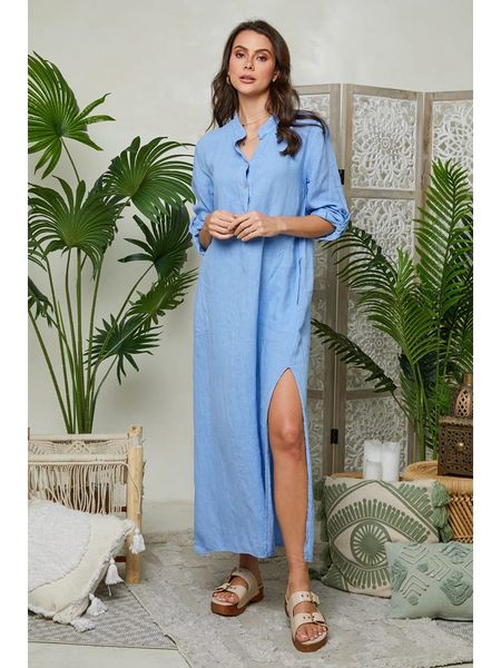 Lin Passion Lniana sukienka w kolorze błękitnym rozmiar: 38/40. Niebieskie sukienki Lin Passion, bez wzorów, ze lnu, klasyczne, bez kołnierzyka, bez ramiączek, maxi. Za 198.10 zł.