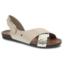 Sandały damskie Lemar, naturalna skóra licowa z szerokim paskiem na przodzie regulowanym paskiem z tyłu, beżowe Bari złoto, 40141 BF. Brązowe sandały Lemar, bez wzorów, ze skóry, boho, bez obcasa, bez zapięcia. Za 209.00 zł.