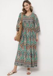Zielona Długa Sukienka Rozkloszowana z Rękawami 3/4 we Wzór Paisley Amarethia. Zielone sukienki Born2be, l, bez wzorów, boho, bez kołnierzyka, bez ramiączek, maxi, rozkloszowane. Za 84.99 zł.