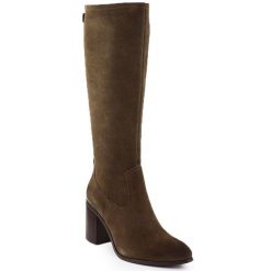 Skórzane kozaki na słupku damskie khaki Sergio Leone 25668. Brązowe kozaki Sergio Leone, ze skóry, bez obcasa, na słupku, bez zapięcia. Za 289.99 zł.