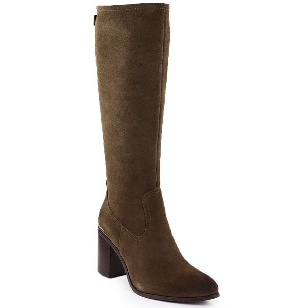 Skórzane kozaki na słupku damskie khaki Sergio Leone 25668. Brązowe kozaki Sergio Leone, ze skóry, bez obcasa, na słupku, bez zapięcia. Za 289.99 zł.