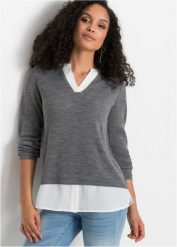 Sweter z koszulową wstawką. Szare swetry bonprix, bez wzorów, bez ramiączek. Za 129.99 zł.