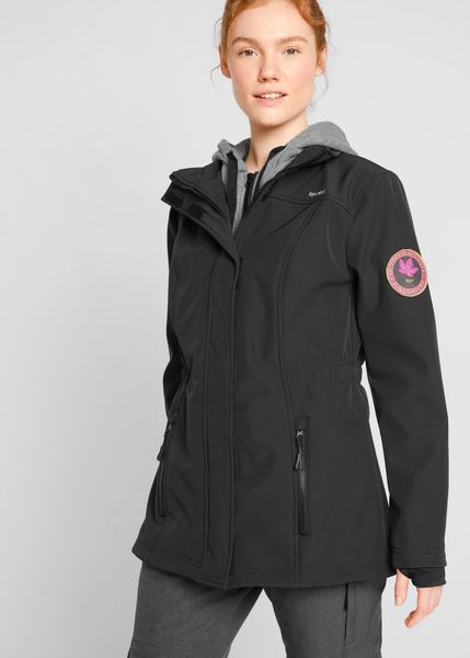 Długa kurtka softshell w optyce 2 w 1, z hydrofobowego materiału. Czarne kurtki sportowe bonprix, bez wzorów, z dresówki, z kapturem. Za 309.99 zł.