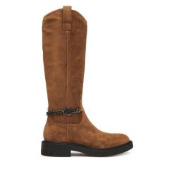 Kozaki Guess. Brązowe kozaki Guess, bez obcasa, na płaskiej podeszwie, bez zapięcia. Za 899.99 zł.