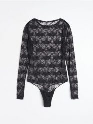 Koronkowe body z długim rękawem - czarny. Czarne body Sinsay, l, bez wzorów, z koronki. Za 39.99 zł.