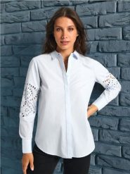 Koszula - błękitny. Niebieskie koszule Sinsay, l, w ażurowe wzory, ze splotem, casualowe, bez kołnierzyka, bez ramiączek. Za 49.99 zł.