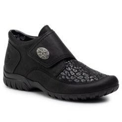 RIEKER L4664-00 Czarny. Czarne botki Rieker, bez wzorów, ze skóry ekologicznej, bez obcasa, bez zapięcia. Za 269.99 zł.
