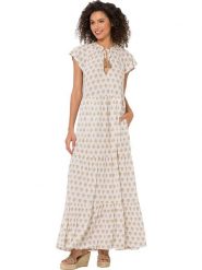 Heine Sukienka w kolorze kremowo-karmelowym rozmiar: 46. Brązowe sukienki Heine, bez wzorów, z wiskozy, bez kołnierzyka, bez ramiączek, maxi. Za 91.99 zł.