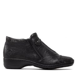 Botki Rieker. Brązowe botki Rieker, bez wzorów, bez obcasa, na płaskiej podeszwie, bez zapięcia. Za 389.99 zł.