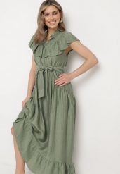 Zielona Rozkloszowana Sukienka z Wiskozą Ozdobiona Falbankami Zapinana na Guziki z Dodatkowym Materiałowym Paskiem Ganesia. Zielone sukienki Born2be, na imprezę, na lato, l, bez wzorów, z materiału, eleganckie, bez kołnierzyka, bez ramiączek, maxi, rozkloszowane. Za 179.99 zł.