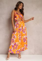 Pomarańczowa Sukienka Maxi z Wycięciem na Brzuchu i Gumką w Pasie Rlice. Brązowe sukienki Renee, l, bez wzorów, bez kołnierzyka, bez ramiączek, maxi. Za 84.99 zł.