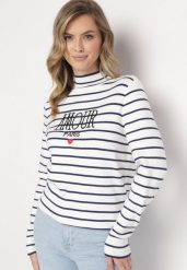 Biały Sweter Golf w Paski z Haftem Enika. Białe golfy Born2be, z aplikacjami, bez ramiączek. W wyprzedaży za 118.99 zł.