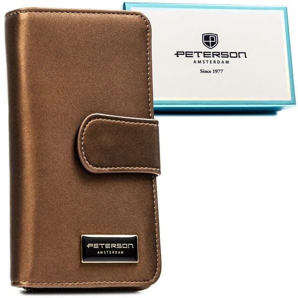Pionowy portfel damski ze skóry naturalnej i ekologicznej w brązowym kolorze PTN PS116-HNL Peterson. Brązowe portfele Peterson, bez wzorów, ze skóry. Za 129.99 zł.