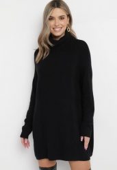 Czarny Golf Oversize o Wydłużonym Fasonie z Ozdobnym Wzorem Melisanda. Czarne golfy Born2be, bez wzorów, bez ramiączek. Za 109.99 zł.