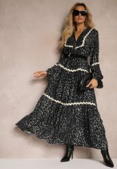 Szara Sukienka w Panterkę Rozkloszowana Ozdobiona Falowanymi Lamówkami Zetilaine. Szare sukienki Renee, l, bez wzorów, z materiału, bez kołnierzyka, bez ramiączek, maxi, rozkloszowane. Za 119.99 zł.