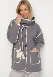 Szara Pudełkowa Kurtka z Ozdobnymi Przeszyciami i Szalikiem Salenalia. Szare kurtki Born2be, bez wzorów, z jeansu, bez kaptura. Za 199.99 zł.