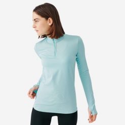 Bluza do biegania damska Kiprun Run 100 Warm ocieplana. Niebieskie bluzy KALENJI, l, bez wzorów, z dzianiny, bez kaptura. Za 59.99 zł.