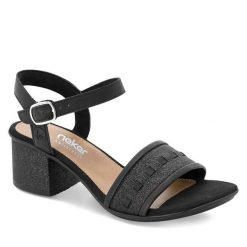 Sandały Rieker. Czarne sandały Rieker, bez wzorów, bez obcasa, na słupku, bez zapięcia. Za 289.99 zł.
