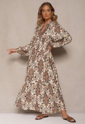 Brązowa Rozkloszowana Sukienka z Wiskozy z Dekoltem w Kształcie Litery V Atenavela. Brązowe sukienki Renee, na co dzień, l, bez wzorów, z wiskozy, eleganckie, bez kołnierzyka, bez ramiączek, maxi, rozkloszowane. Za 109.99 zł.