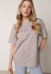 Szary Oversizowy T-shirt z Bawełny Zdobiony Haftem z Cekinami Pidella. Szare t-shirty Born2be, m, z aplikacjami, z bawełny, bez kołnierzyka, bez ramiączek. Za 59.99 zł.