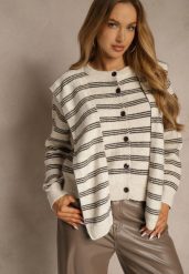 Beżowy Kardigan z Dodatkiem Wełny Zdobiony Wzorem w Paski i Narzutką Fedira. Brązowe kardigany Renee, z aplikacjami, z jeansu. Za 119.99 zł.